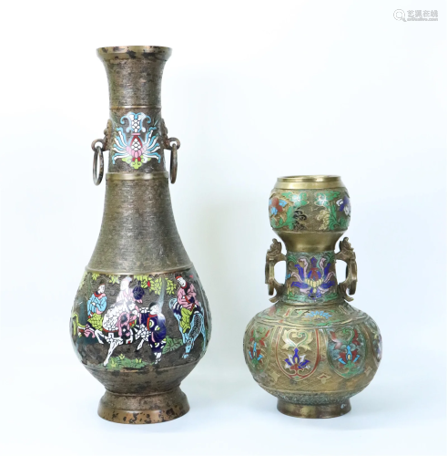 2 Large Chinese or Asian Cloisonne & Bronze Vases
