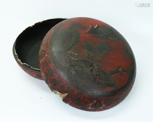 Lg Chinese Incised Red & Black Lacquer Round Box