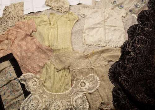 Collection of textiles to include: black lace panel or cloth...