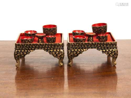 Two Japanese Hina dolls house painted tea sets on stands in ...