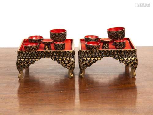 Two Japanese Hina dolls house painted tea sets on stands in ...