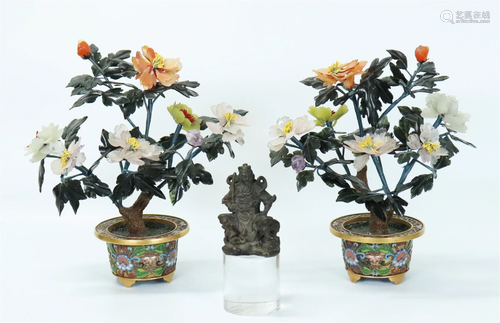 Chinese Solid Bronze Guandi; Pair Jade Trees