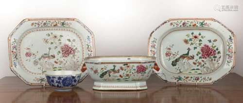 Famille rose porcelain tureen base and two stands Chinese, Q...