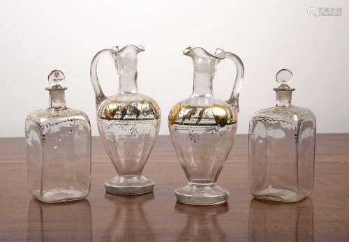 Pair of square glass spirit decanters and a pair of glass cl...