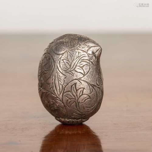 White metal scent bottle Indian, of melon form, with engrave...