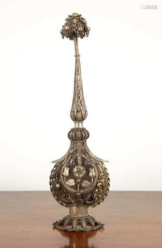 White metal rosewater sprinkler Indian, decorated in fine fi...