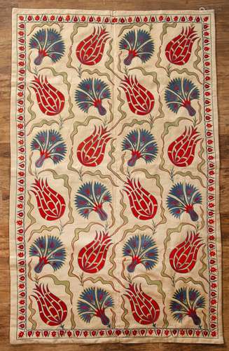 Suzani with traditional embroidered alternating foliate desi...