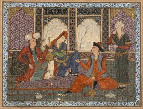 Safavid style painting Iranian, depicting lovers drinking wi...