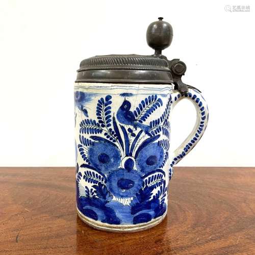 German faience ceramic tankard decorated in blue with birds,...