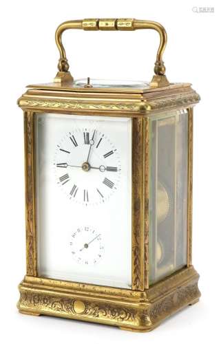 Large brass cased repeating carriage alarm clock engraved wi...