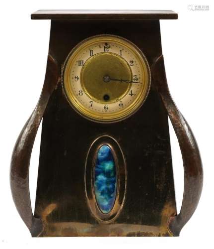 Arts & Crafts copper mantle clock with inset Ruskin type...