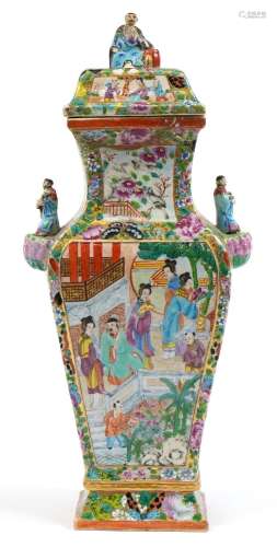 Chinese Canton porcelain vase and cover with twin handles, f...