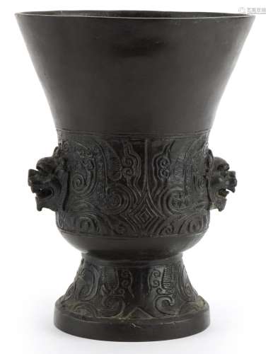 Chinese patinated bronze archaic style vessel with mythical ...