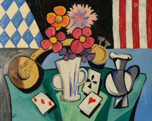 Still life with playing cards, semi abstract French school o...
