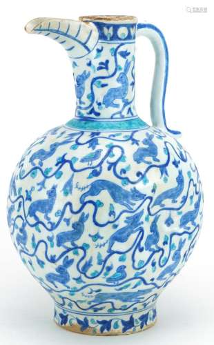Turkish Ottoman Iznik pottery water jug hand painted with wi...