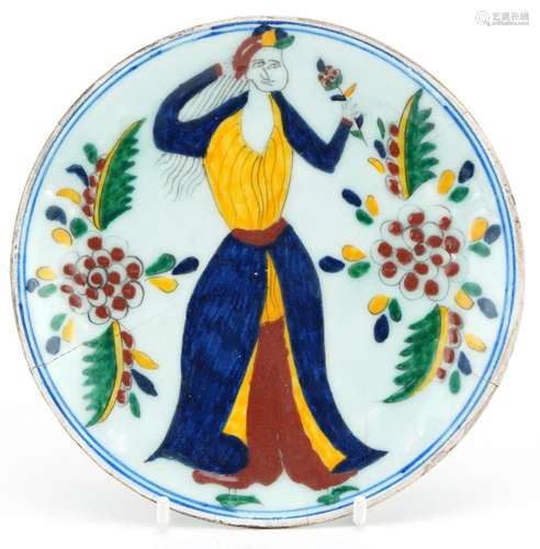 Turkish Ottoman Iznik pottery dish hand painted with a figur...