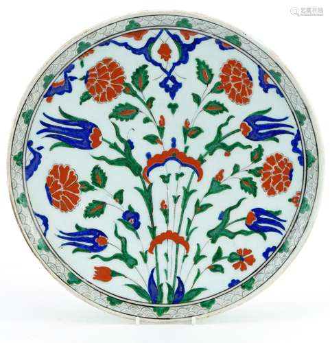 Turkish Ottoman Iznik pottery plate hand painted with flower...