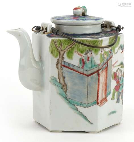 Chinese porcelain hexagonal teapot hand painted with warrior...