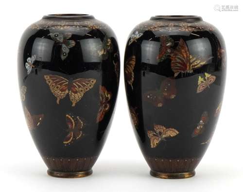 Pair of Japanese cloisonne vases enamelled with butterflies,...