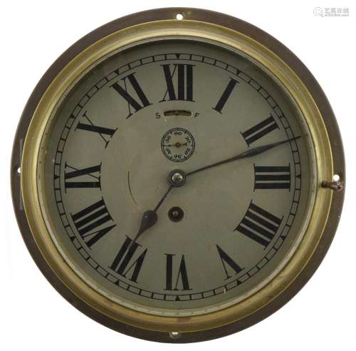 Brass cased ships design bulkhead clock with Roman numerals,...