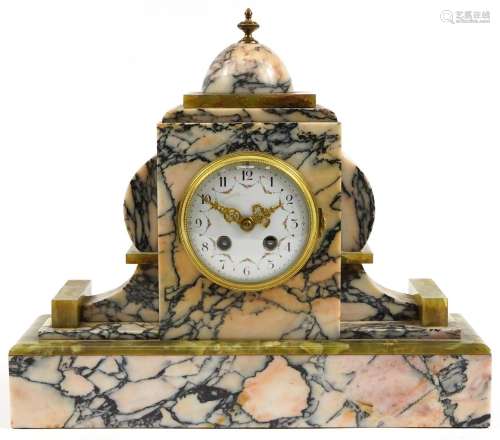 Art Deco marble and green onyx striking mantle clock, the en...