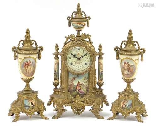 French style gilt metal three piece striking clock garniture...