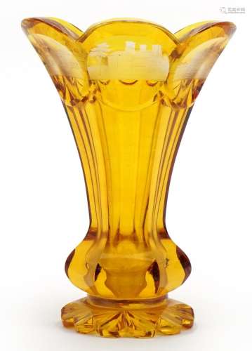 Bohemian amber coloured glass vase etched with towns includi...
