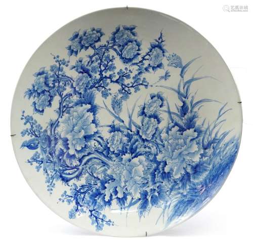 Very large Japanese blue and white porcelain charger hand pa...