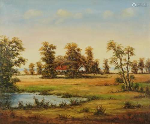 Rural landscape with cottage and lake, oil on canvas, indist...