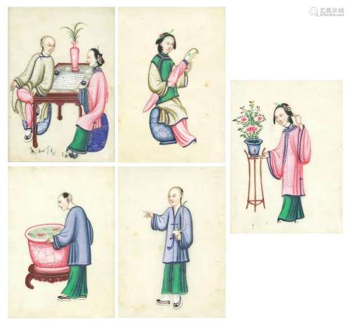 Empresses and attendants, set of five Chinese watercolours o...