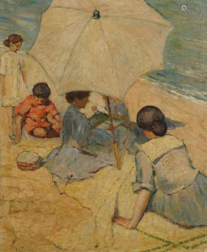 Females and children on a beach, Post Impressionist oil on c...