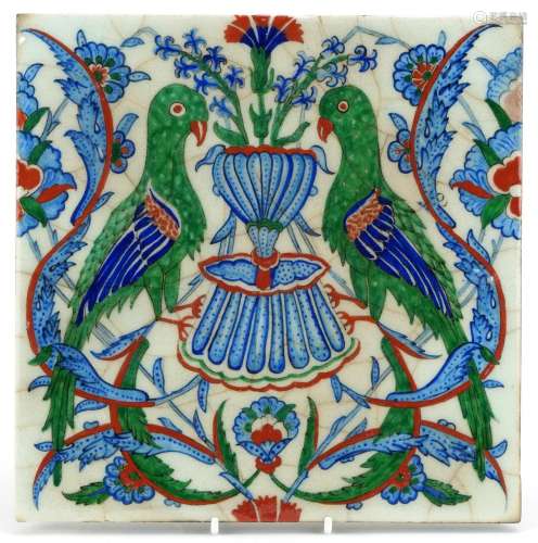 Turkish Ottoman Iznik pottery tile hand painted with stylise...