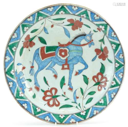 Turkish Ottoman Iznik shallow dish hand painted with a horse...