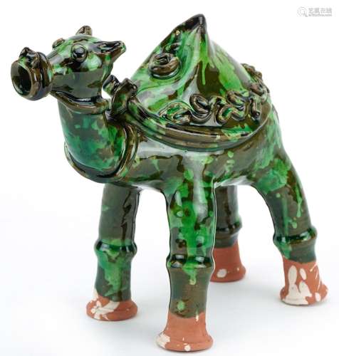 Turkish Canakkale pottery camel ewer, having a green glaze, ...