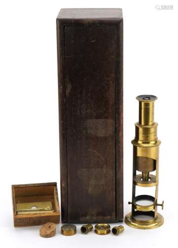 19th century brass students microscope with case and accesso...