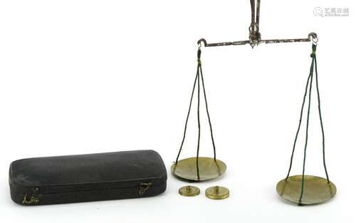 Set of Georgian steel and brass balance scales with weights,...