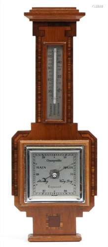 Art Deco inlaid walnut aneroid wall barometer with thermomet...