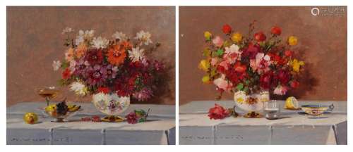 Keist Vukovic - Still life flowers, vessels and fruit, pair ...