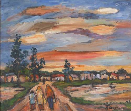 Manner of Gerard Sekoto - Figures on a path before a town, S...