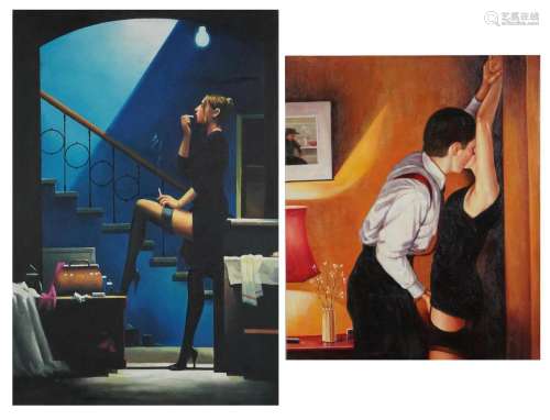 Manner of Jack Vettriano - Two figures and female smoking be...