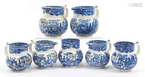 Eight 19th century blue and white transfer printed pottery m...
