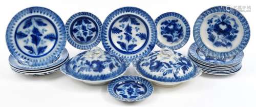 19th century flow blue dinnerware painted under glaze with f...