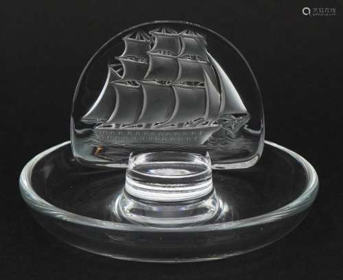 Lalique frosted glass clipper ship ring tray etched with Lal...