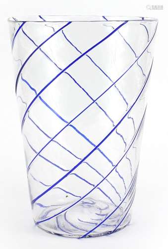 Large clear and blue swirl glass vase, 30cm high