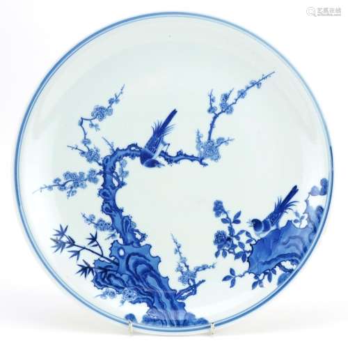 Large Chinese porcelain blue and white dish hand painted wit...