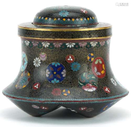 Japanese cloisonne tripod incense burner enamelled with styl...