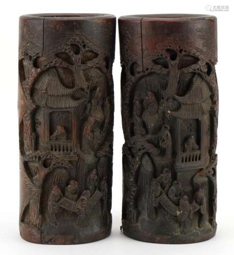 Pair of large Chinese bamboo brush pots carved with figures ...