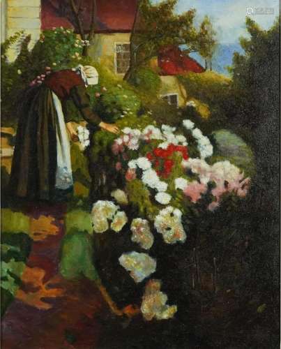 Female picking flowers before a cottage, oil on canvas, fram...