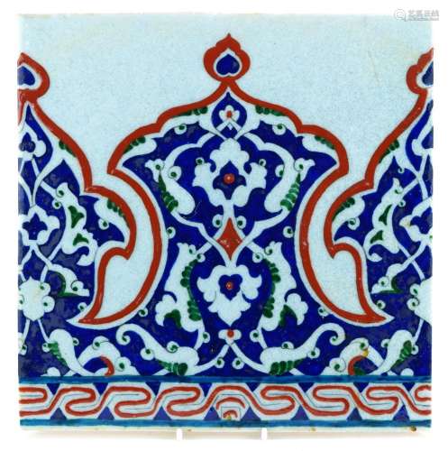 Turkish Ottoman Iznik pottery tile hand painted with stylise...
