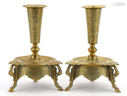Pair of good quality Indian three footed brass candlesticks ...